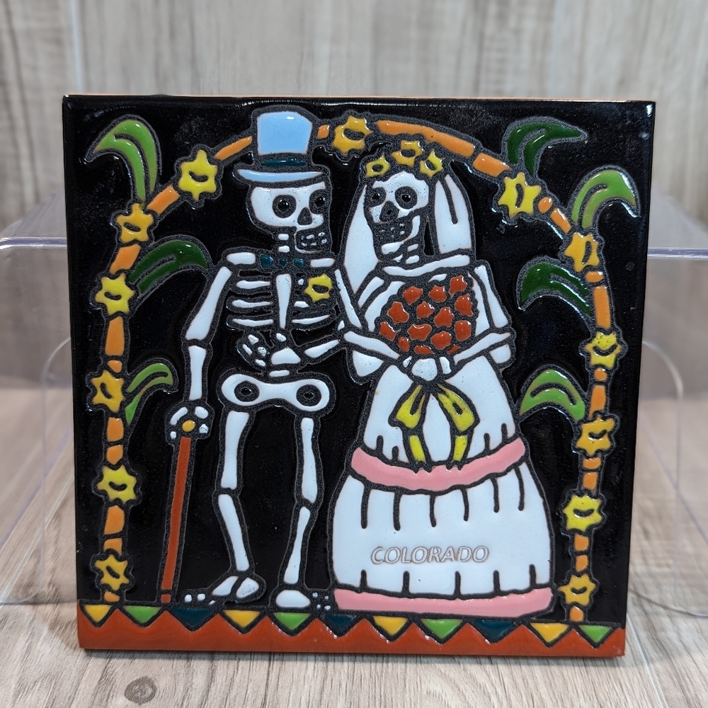 Colorado Red Clay Tile Glazed "Day Of The Dead" Skeleton Bride Groom Decor